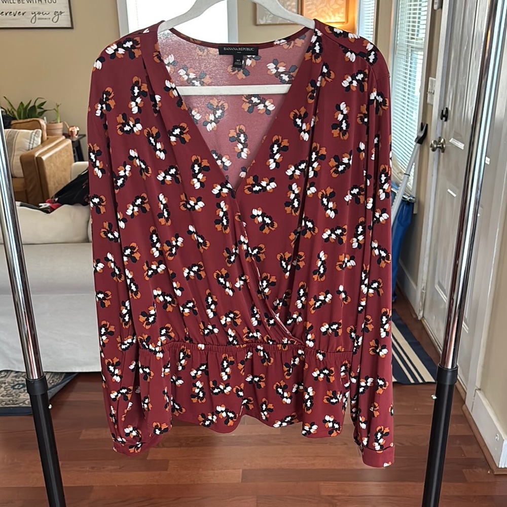Banana Republic Red Wrap Fitted Long Sleeve Blouse